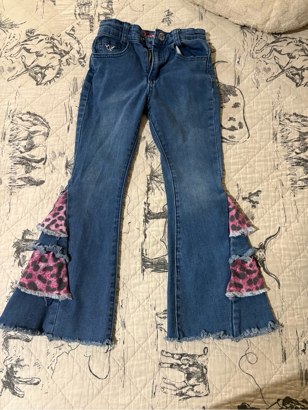 Girls' Blue Denim Flare Jeans with Pink Leopard Trim